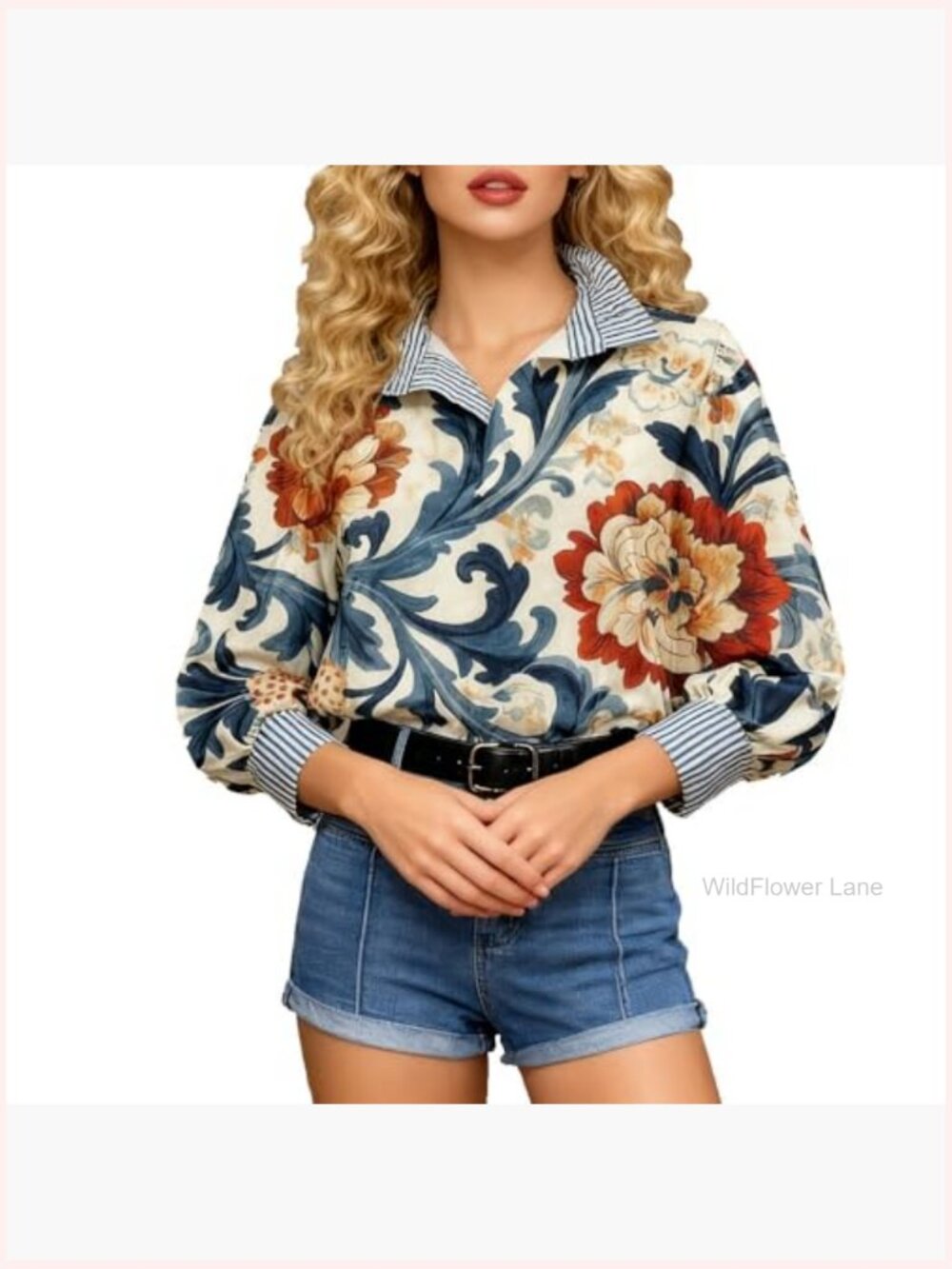 V Neck Button Down Blouse Long Sleeve Floral Top Boho Shirt - Picture 2 of 7